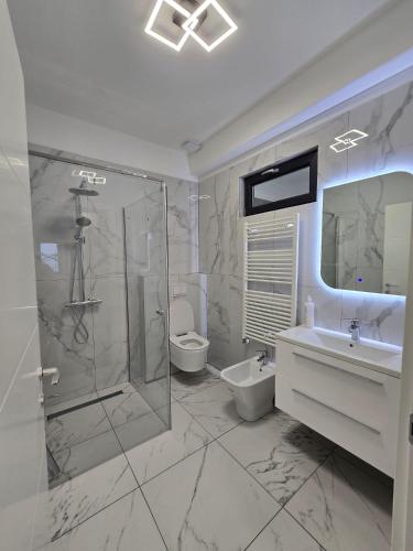 a bathroom with a shower and a toilet and a sink at Luxury Private Villa in Tunari