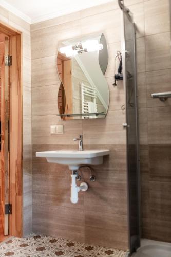 a bathroom with a sink and a mirror at VIOLETTA in Slavske