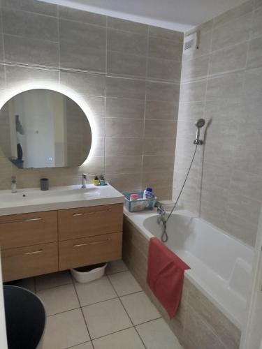a bathroom with a tub and a sink and a mirror at Bel appartement 3 pièces climatisation in Saint-Alban