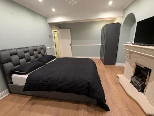 a bedroom with a large bed and a fireplace at Cozy home in Birmingham