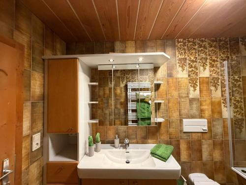 een badkamer met een wastafel en een spiegel bij Geissanger, Ferienwohnung in Tux