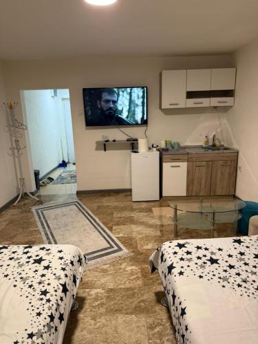 a living room with two beds and a tv on the wall at Stan na dan Berane in Berane