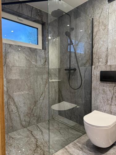 a bathroom with a glass shower with a toilet at OAK House domek z balią w Serskim Lesie in Las Dalny