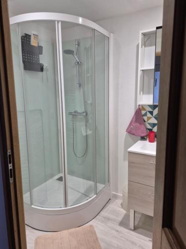 een glazen douche in een badkamer met een wastafel bij Le break en nord Cotentin in Cherbourg en Cotentin