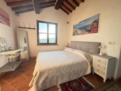 a bedroom with a bed and a sink and a window at Podere Boschetto Moroni in Massa Marittima
