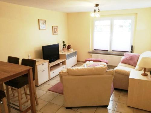 een woonkamer met een bank en een tv bij Ranchhaus in Baumannsberg