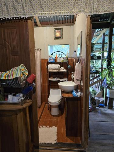 a bathroom with a toilet and a sink at Landscape-Cabaña winter full equipada in La Cruz