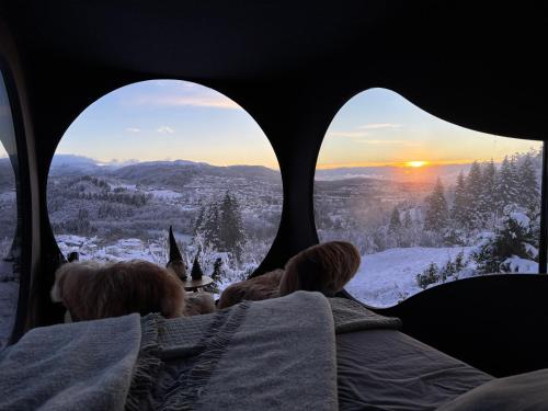 un gruppo di persone sedute su un elicottero che guarda il tramonto di Birdbox Bergen a Bergen