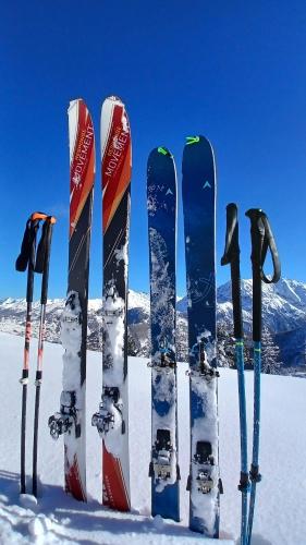 een groep ski's en stokken in de sneeuw bij Trekker's Home L'infinito & SPA in Pessinetto