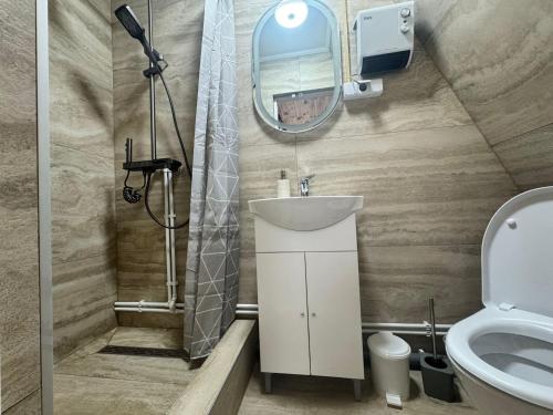 a bathroom with a sink and a mirror and a toilet at 3A-Chalet-Liban in Liban