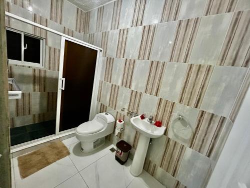 a bathroom with a toilet and a sink at Apartamentos-Oliver in Las Galeras