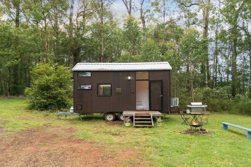 a tiny house in a field with a picnic table at Celestial Haven by Tiny Away in Toolangi