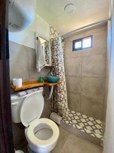 a small bathroom with a toilet and a shower at TINY HOUSE Refugio de Mar in Mar del Plata
