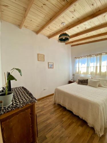 a bedroom with a bed and a wooden ceiling at TINY HOUSE Refugio de Mar in Mar del Plata