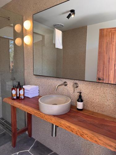 a bathroom with a sink and a large mirror at Mimosa Wines in Murrah