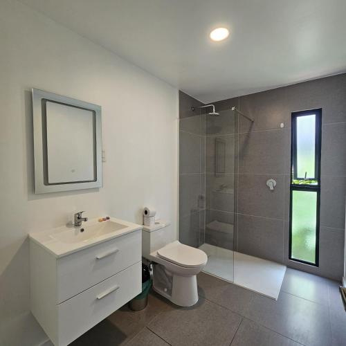 a bathroom with a toilet sink and a shower at Cabañas Teave in Hanga Roa