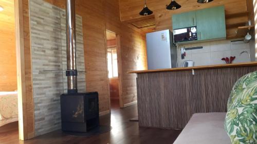 een keuken met een houtkachel in een kamer bij Cabaña en Frutillar in Frutillar