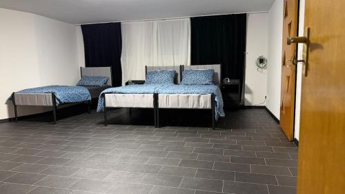 een kamer met 2 bedden en blauwe kussens bij Cozy apartment in Heiligenrode in Niestetal