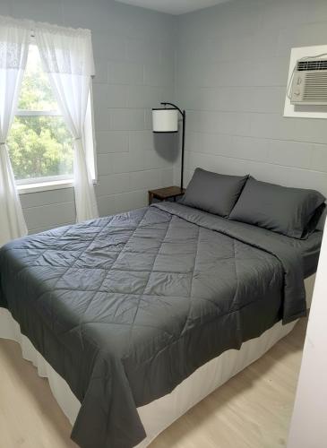 a large bed in a bedroom with a window at Cosy single-level home with laundry and parking in Huntington