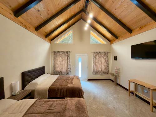 a large bedroom with two beds and a flat screen tv at Bungalows Bosque Selah in Nebaj