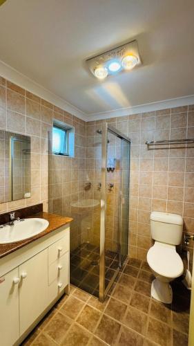 a bathroom with a toilet and a shower and a sink at Marulan Motor Inn in Marulan