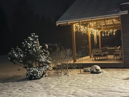 un gazebo con luci sulla neve di The Flower Nest a Zvejniekciems