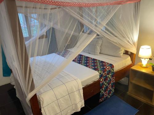 a bedroom with a canopy bed with a window at Jacob's Inn in Zanzibar City