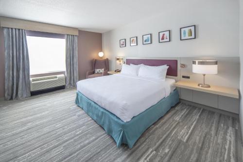 a hotel room with a large bed and a window at Hilton Garden Inn Clifton Park in Clifton Park