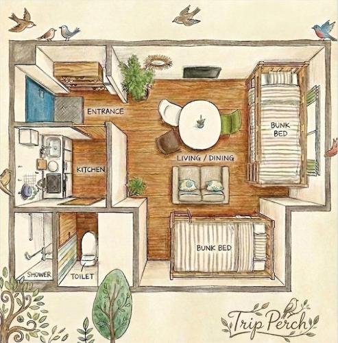 a drawing of a floor plan of a house at TRIP PERCH 30m2 最大5名 上北沢駅から徒歩6分 新宿から直通 デザイナー監修 in Tokyo