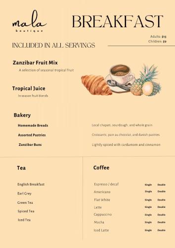 een screenshot van een menu voor een ontbijtrestaurant bij Mala Boutique Hotel in Bwejuu