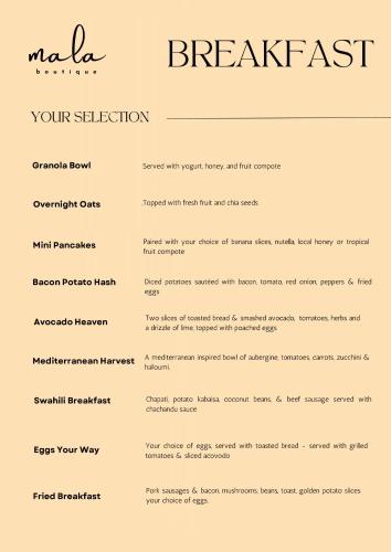 een screenshot van een menu voor een ontbijtrestaurant bij Mala Boutique Hotel in Bwejuu