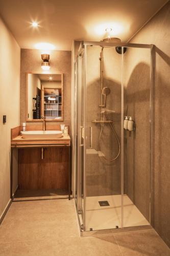 a bathroom with a shower and a sink at Résidence l'Oxalys in Val Thorens