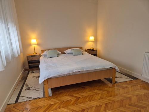 una camera da letto con un letto con due lampade su due tavoli di Apartman Srbac a Srbac