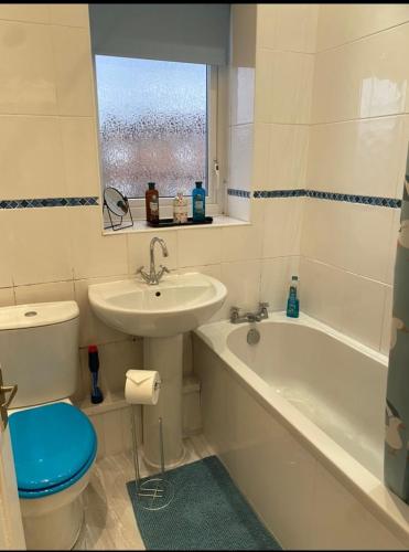 a bathroom with a sink and a toilet and a bath tub at Country cottage in Springwell