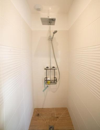 a shower in the corner of a bathroom at Kercabellec entre mer et marais in Mesquer