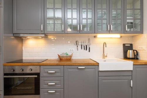 a kitchen with gray cabinets and a white sink at Apartments Rialto in Veli Lošinj