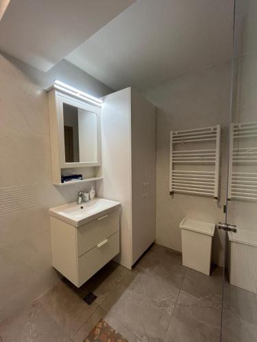 a white bathroom with a sink and a toilet at Ris studio dublu universitate, centrul vechi in Bucharest
