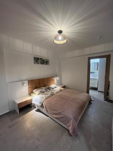 a bedroom with a large bed and a light at Ris studio dublu universitate, centrul vechi in Bucharest