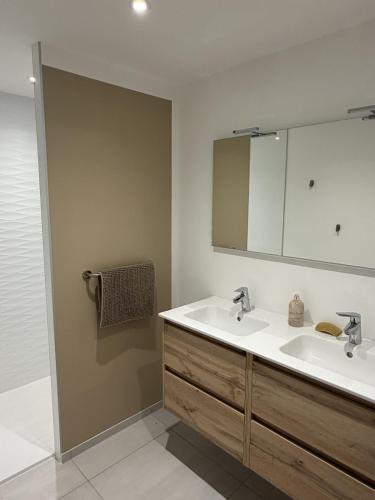 a bathroom with a sink and a mirror at Ecrin de Lin in Rosnoën