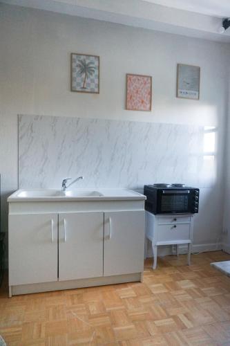 una cucina con lavello e microonde di Appartement confort tout équipé a Montrevel-en-Bresse