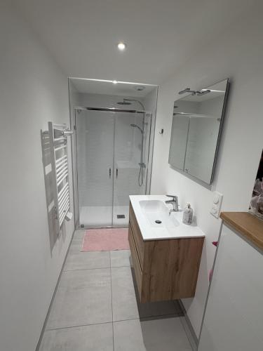 a white bathroom with a sink and a shower at Murmure de rose in Rosnoën