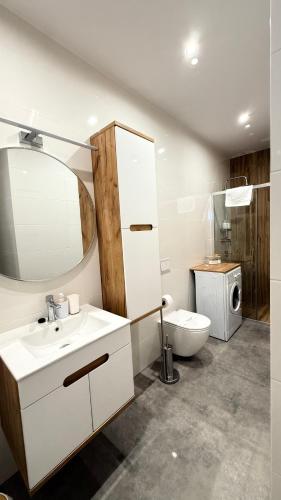 a bathroom with a sink and a toilet and a mirror at MICKIEWICZ HOUSE Apartamenty in Wadowice
