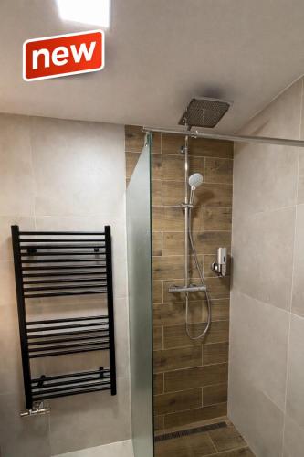 a shower with a glass door in a bathroom at Apartmán DoMa - Tatranská Lomnica in Tatranská Lomnica