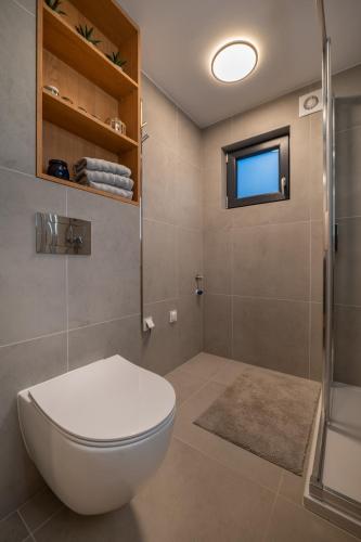a bathroom with a toilet and a shower at Rekreačné domy Marina Cabin House in Bobrovník