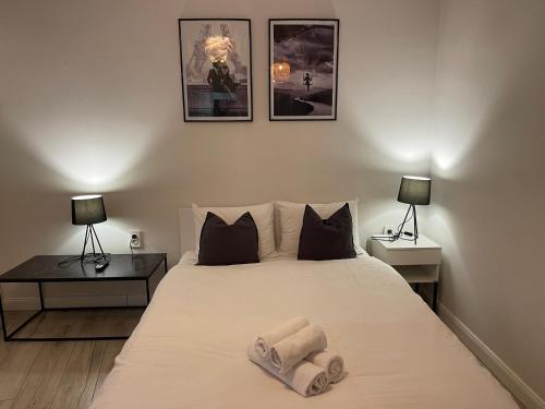 a bedroom with a large white bed with two lamps at Gabriela Studio Central by Gabriela Apartamente in Satu Mare