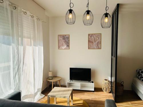 a living room with a couch and a tv at Bel Air Appartement in Niort