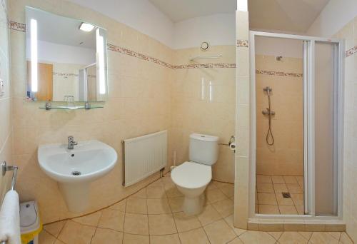 a bathroom with a toilet and a sink and a shower at MOTOREST-PENSION U HRACHŮ,s.r.o. in Klatovy