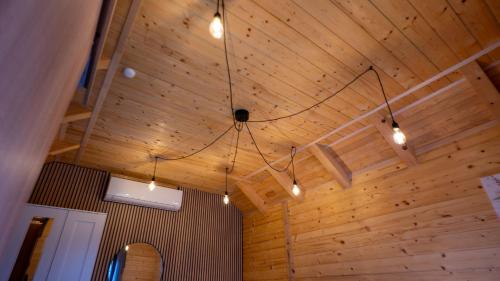 a room with a wooden ceiling with lights on it at Wooden Villa Old Oak Plitvice Lakes in Seliste Dreznicko