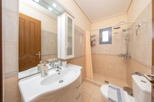 een badkamer met een wastafel, een toilet en een spiegel bij Makis Dream Apartments - Artemis in Vlachata