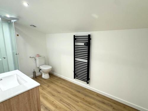 een badkamer met een wastafel en een toilet aan de muur bij Maison partagée Bonneville in Bonneville